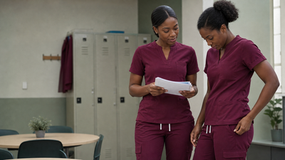 Two nurses reviewing notes after a long shift in burgundy scrubs