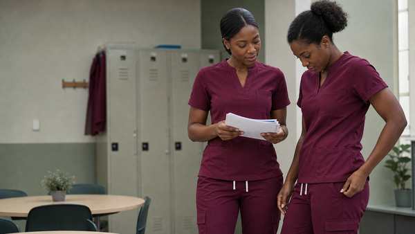Two nurses reviewing notes after a long shift in burgundy scrubs