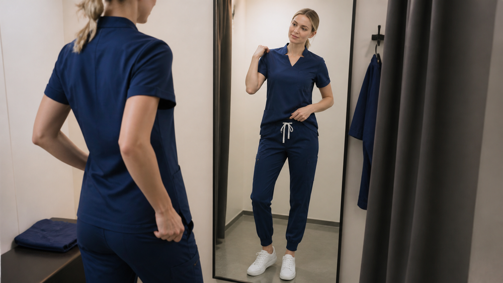Woman checking the fit of a navy scrub set in a mirror
