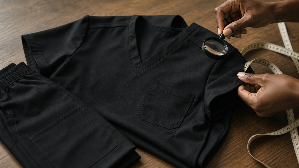 Close inspection of black scrub fabric stitching and construction