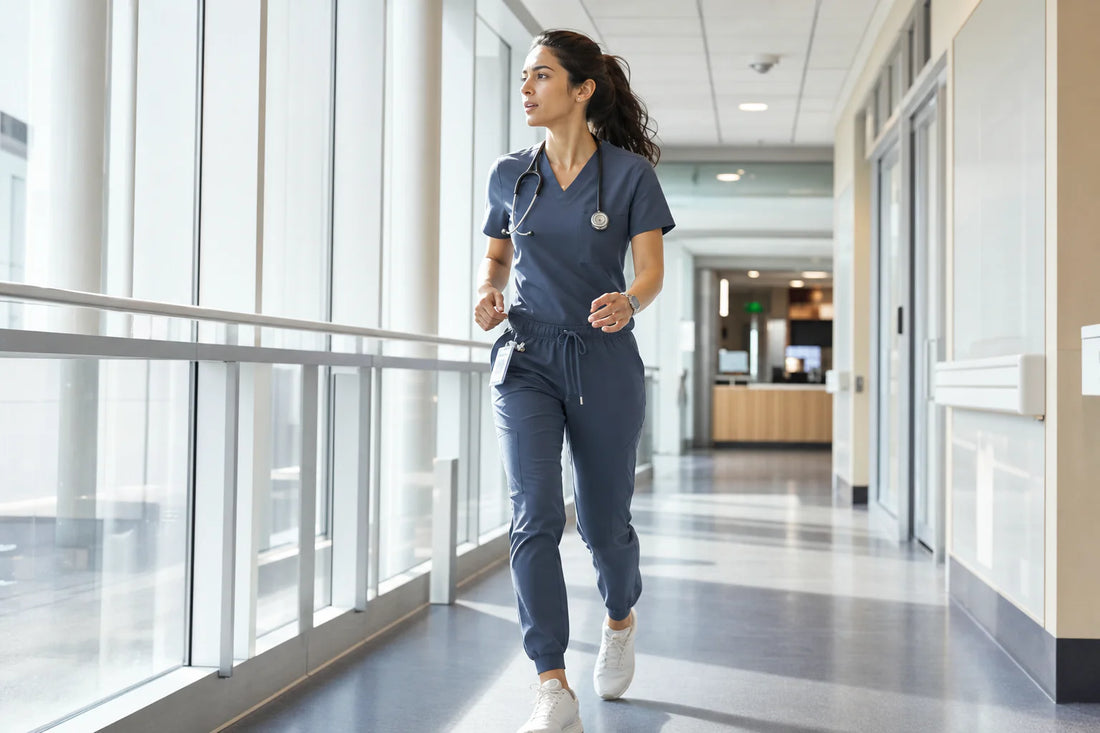 Healthcare professional walking through a sunlit hospital corridor in slate-blue jogger-style scrubs.