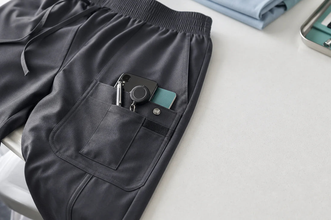 Close-up of charcoal cargo scrub pants with a phone, pen, badge reel, and notebook in the side pocket.