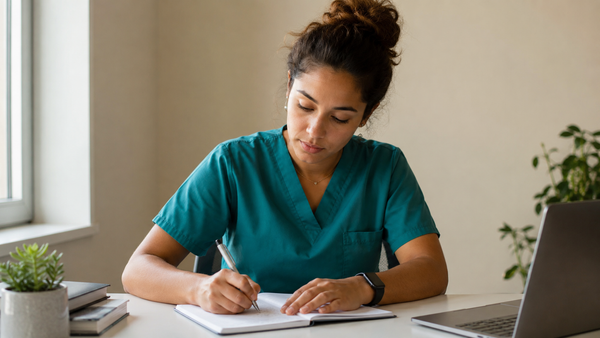 A nurse in teal scrubs writing handwritten notes in a notebook at a desk, with natural window light and a laptop nearby.