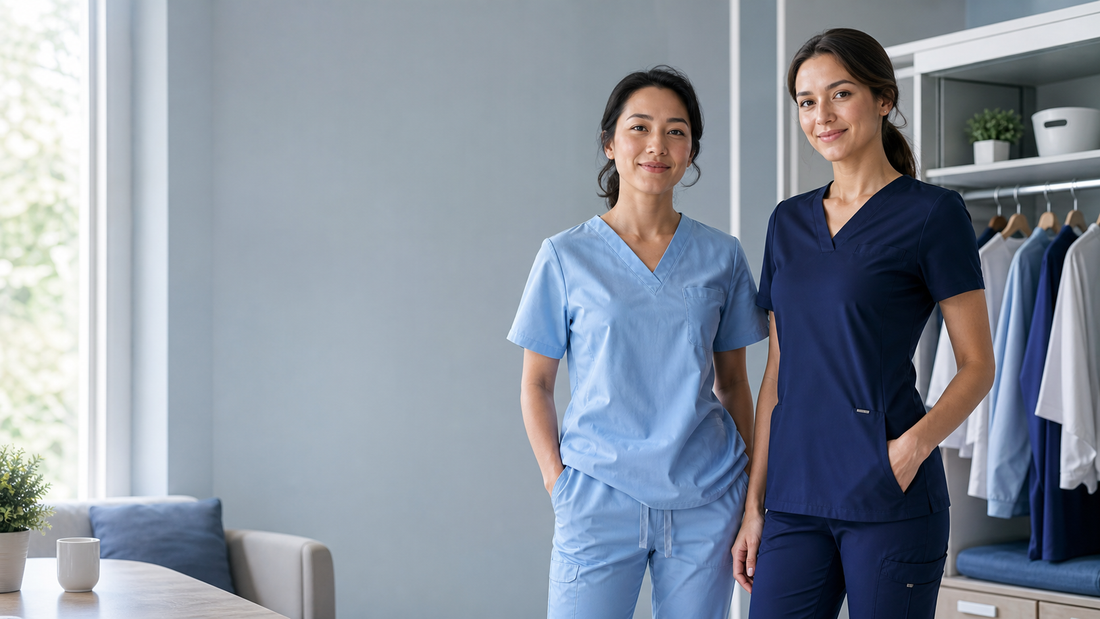 Two female healthcare professionals in classic light-blue and modern navy scrubs standing beside a curated scrub wardrobe.