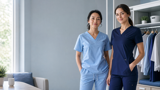 Two female healthcare professionals in classic light-blue and modern navy scrubs standing beside a curated scrub wardrobe.