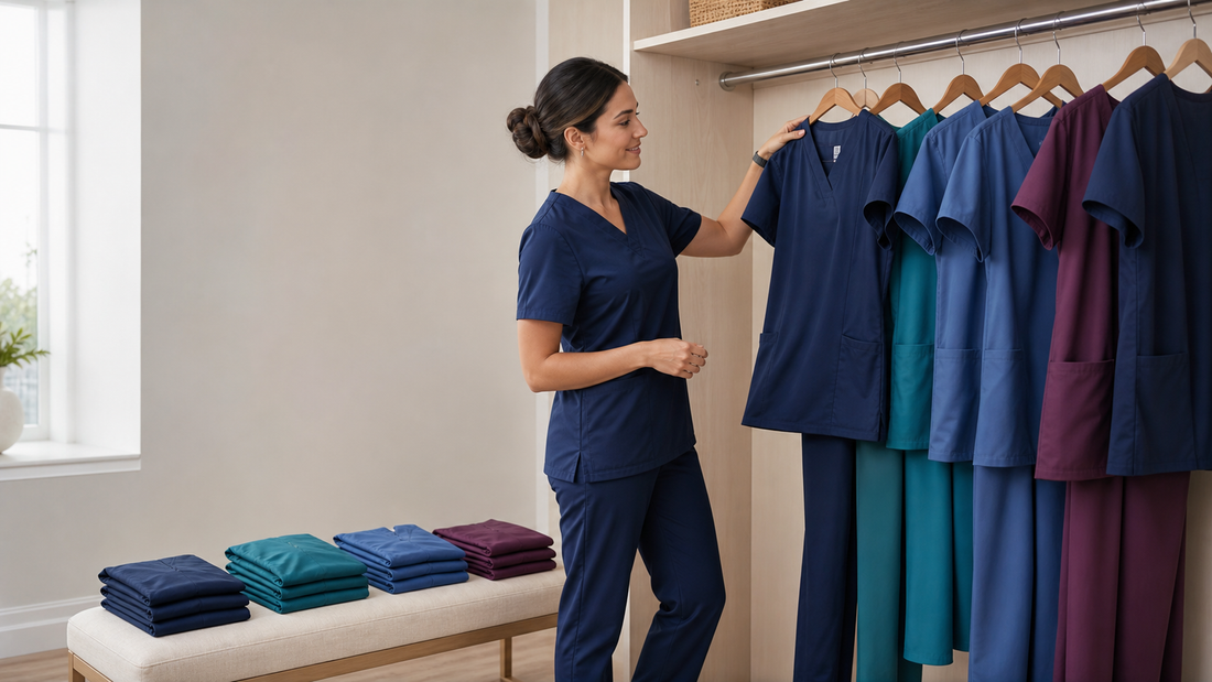 [nursing-uniform-rotation-guide.png](C:\\Users\\Administrator\\Desktop\\shopify\\blog-hero-images\\nursing-uniform-rotation-guide.png)Nurse selecting from a neatly organized wardrobe of navy, teal, blue, and plum scrub sets.
