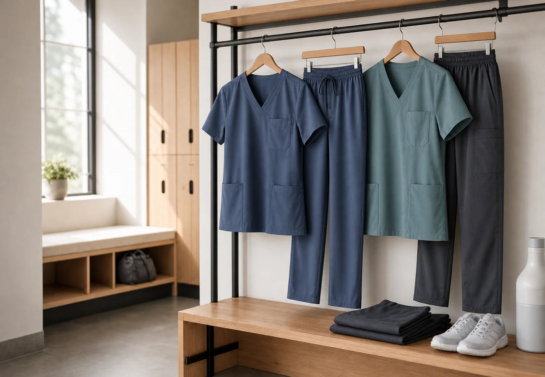 Coordinated slate-blue and muted teal scrub tops with matching and mix-and-match pants displayed in a bright staff changing room.