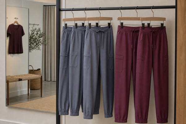 Slate and berry scrub jogger and cargo silhouettes on a wardrobe rack.