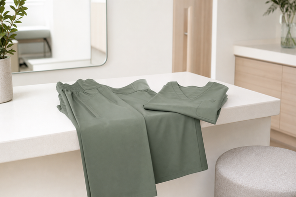Sage green high-waisted wide-leg scrub pants and matching top.