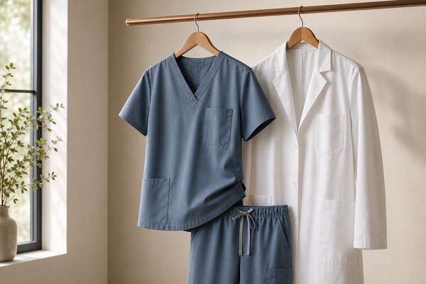 Tailored scrubs and a white lab coat displayed on a wooden hanger.