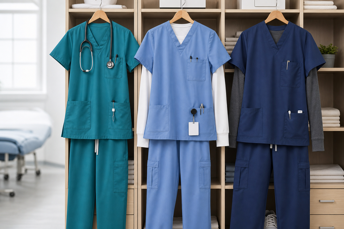 Three scrub outfits with different pocket layouts and layers for healthcare roles.