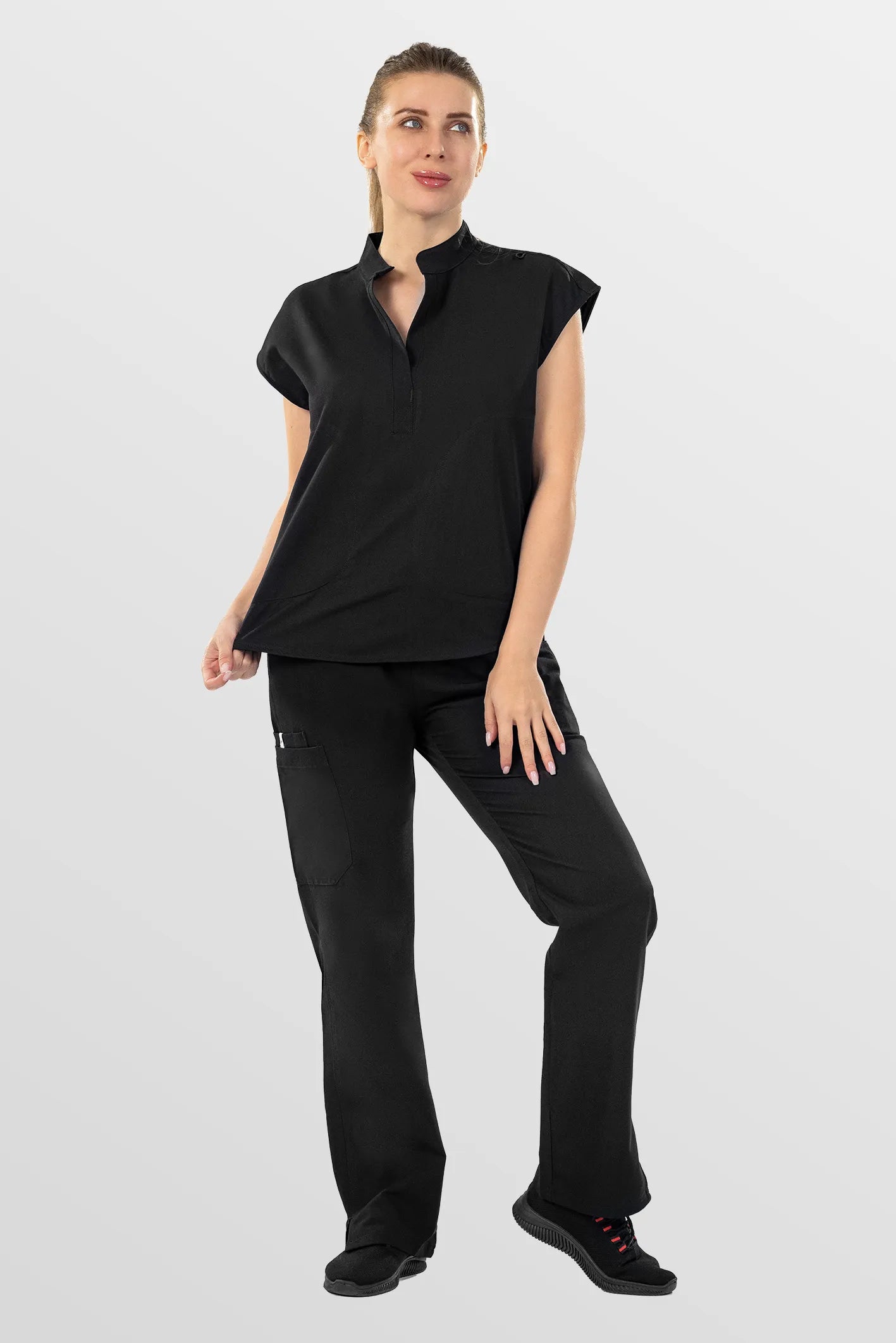 Black Eipnare Women's Mandarin Collar Sleeveless Straight-Leg Scrub Set - Stretch Medical Scrubs for Women