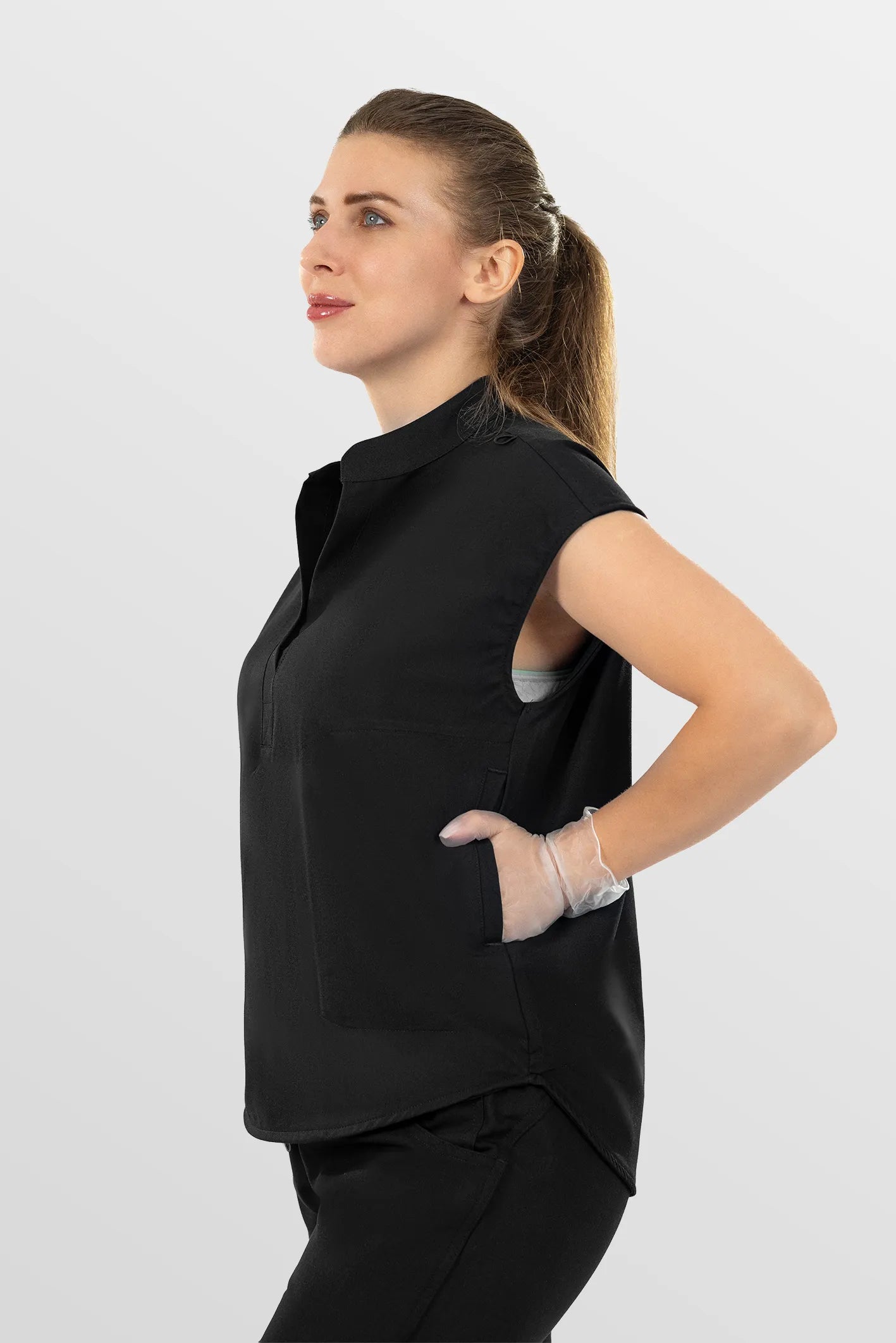 Black Eipnare Women's Mandarin Collar Sleeveless Straight-Leg Scrub Set - Stretch Medical Scrubs for Women