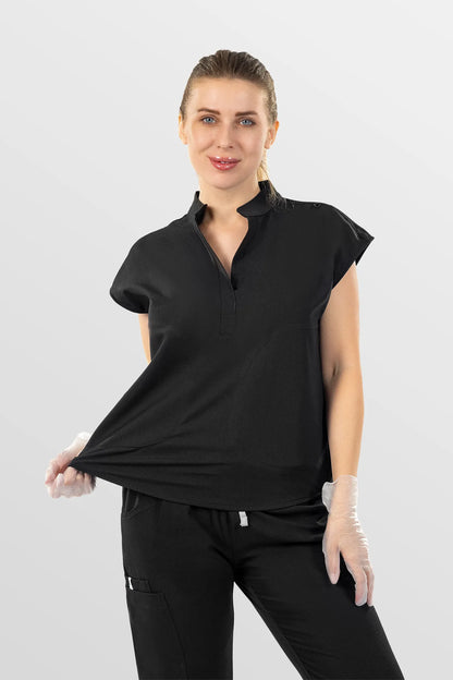 Black Eipnare Women's Mandarin Collar Sleeveless Straight-Leg Scrub Set - Stretch Medical Scrubs for Women