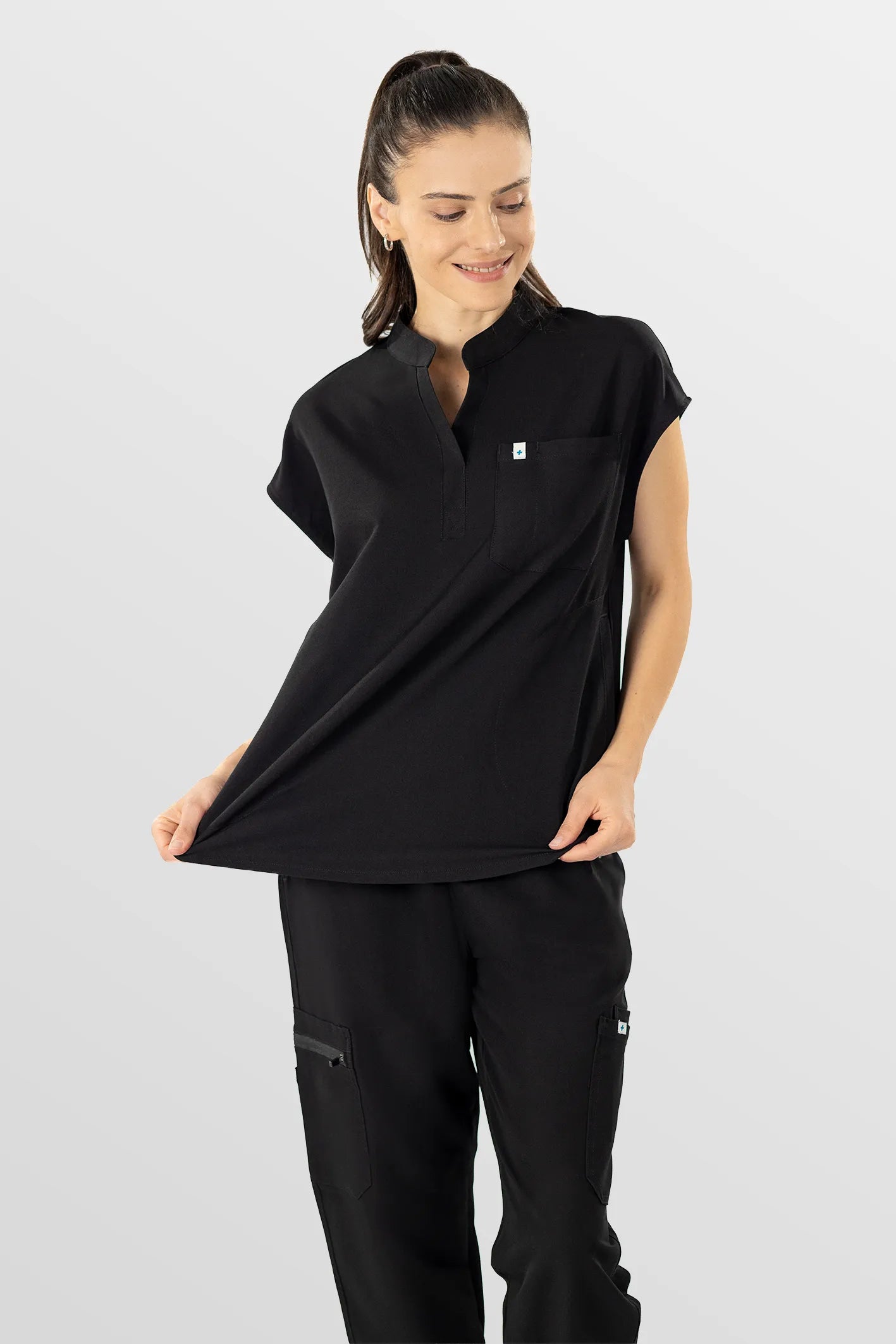 Black Eipnare Women's Henley Collar Sleeveless Jogger Scrub Set - Stretch Medical Scrubs for Women