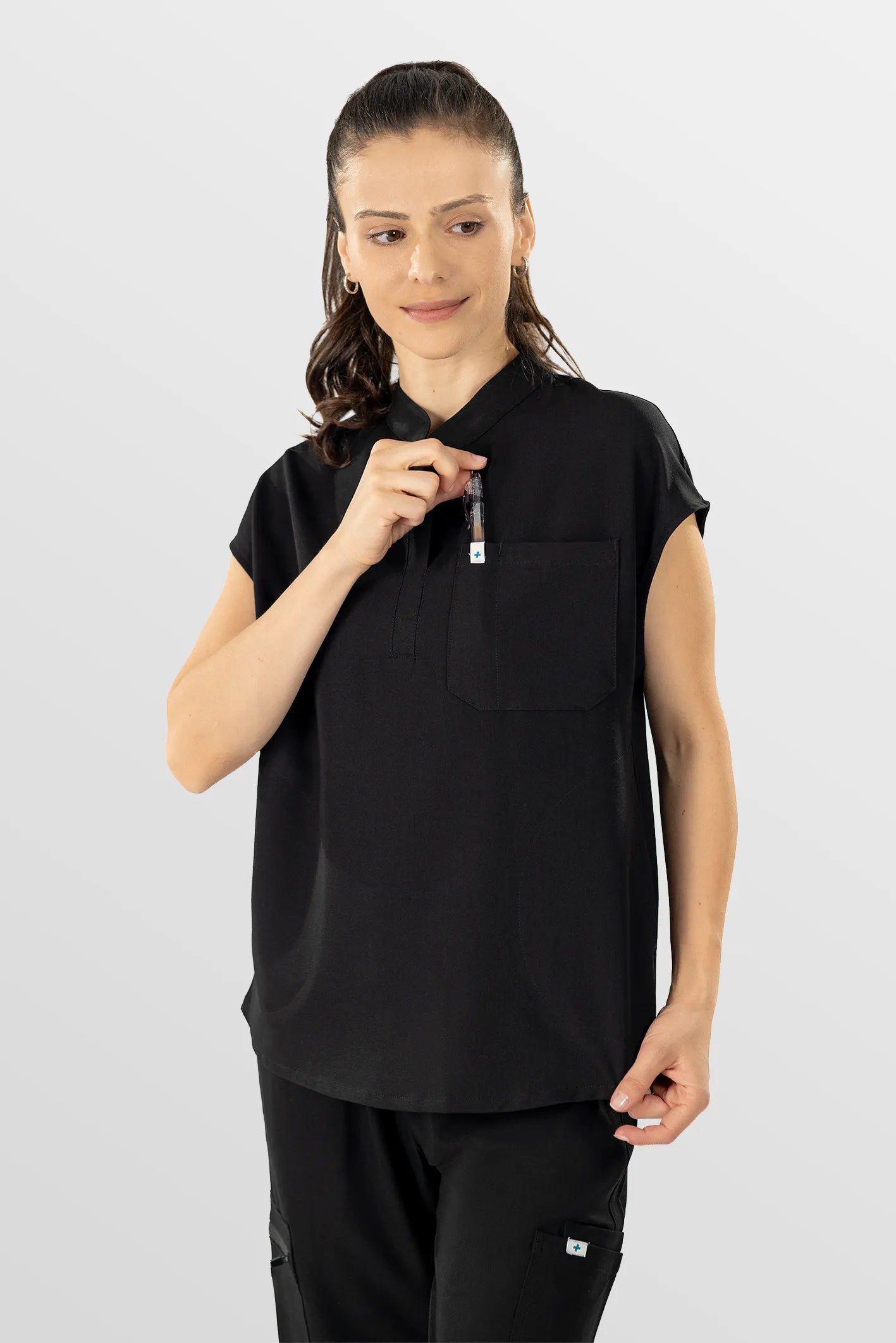 Black Eipnare Women's Henley Collar Sleeveless Jogger Scrub Set - Stretch Medical Scrubs for Women