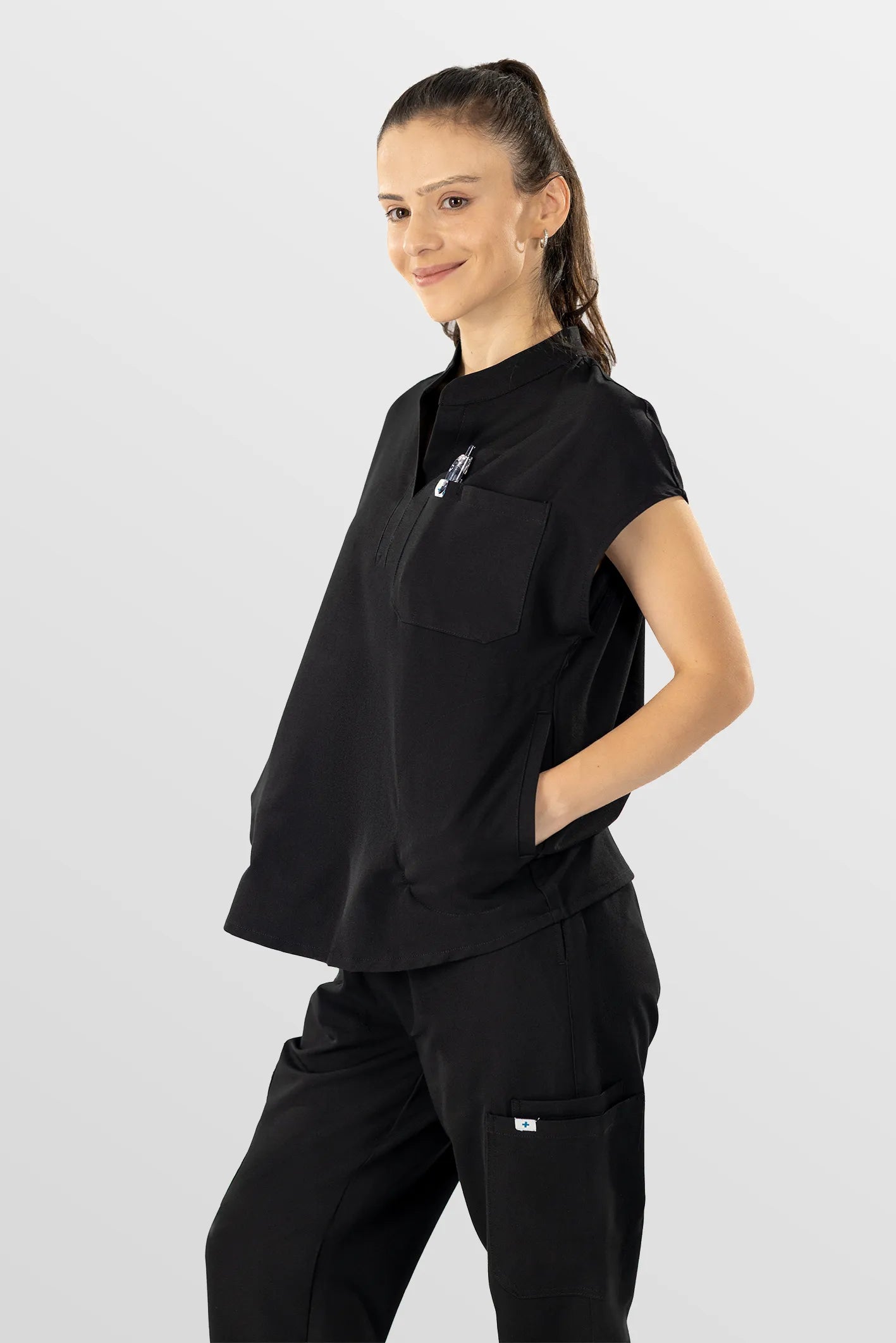 Black Eipnare Women's Henley Collar Sleeveless Jogger Scrub Set - Stretch Medical Scrubs for Women