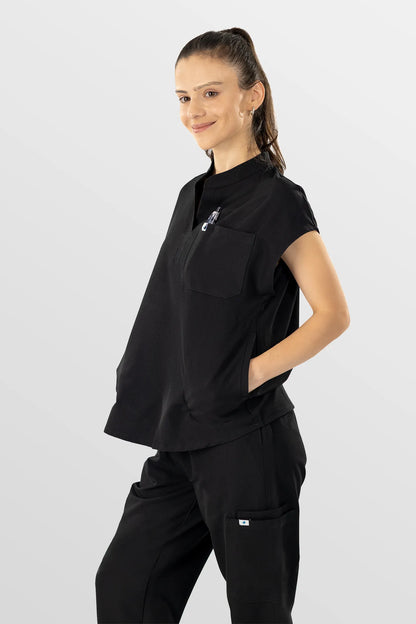 Black Eipnare Women's Henley Collar Sleeveless Jogger Scrub Set - Stretch Medical Scrubs for Women