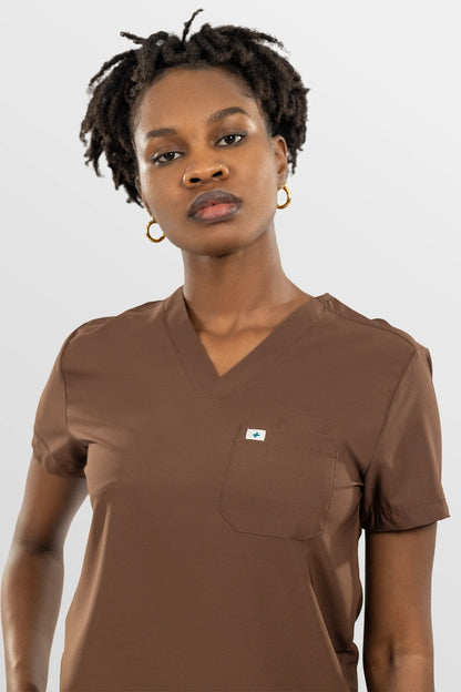 Brown Eipnare Women's Soft Stretch V-Neck Scrub Top & Jogger Pants Set - Stretch Medical Scrubs for Women