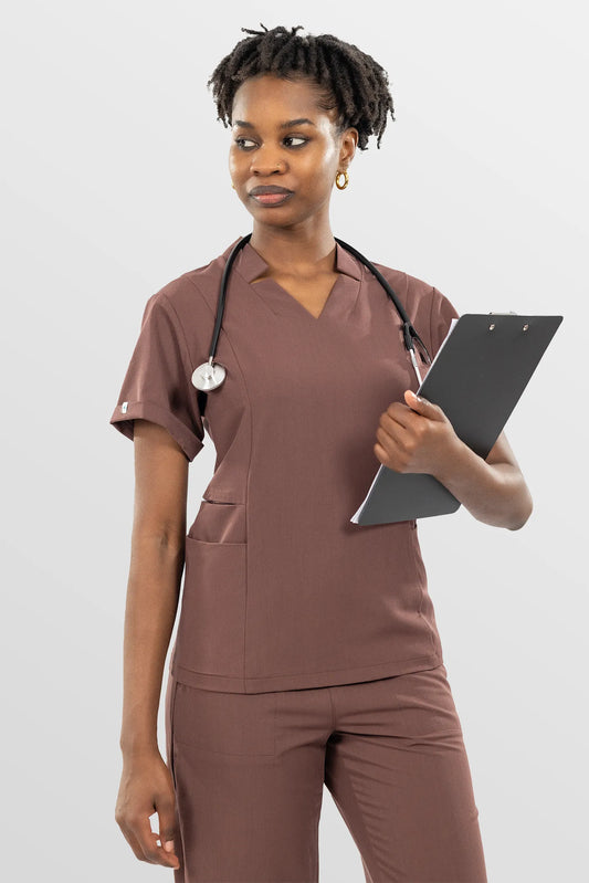 Brown Eipnare Women's V-Neck Split 9-Pocket Slim Fit Scrub Set - Stretch Medical Scrubs for Women