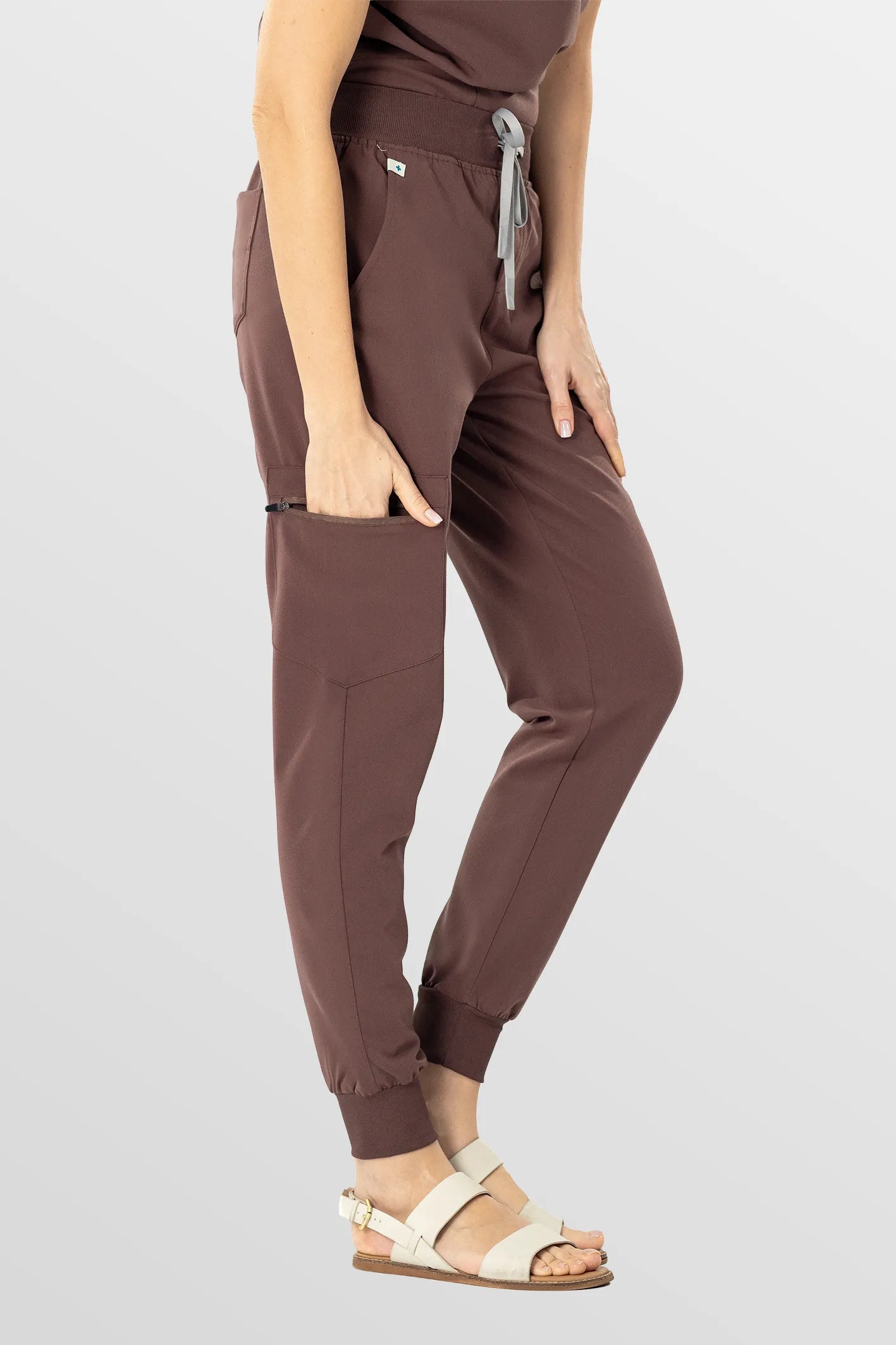 Brown Eipnare Women's V-Neck 8-Pocket Jogger Scrub Set - Stretch Medical Scrubs for Women