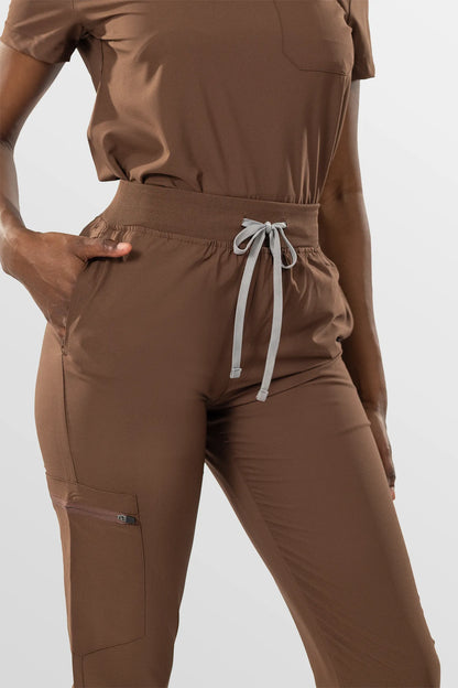 Brown Eipnare Women's Soft Stretch V-Neck Scrub Top & Jogger Pants Set - Stretch Medical Scrubs for Women