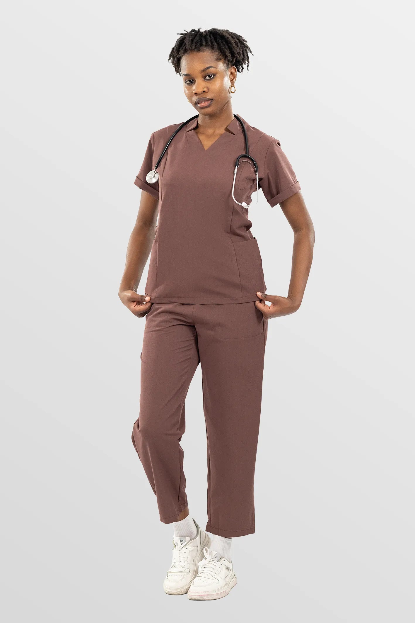 Brown Eipnare Women's V-Neck Split 9-Pocket Slim Fit Scrub Set - Stretch Medical Scrubs for Women