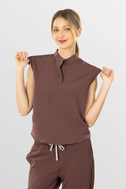 Brown Eipnare Women's Soft Stretch V-Neck Scrub Top & Tapered Pants Set - Stretch Medical Scrubs for Women