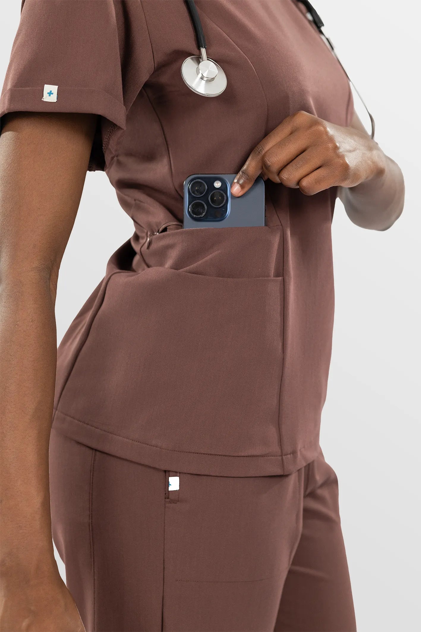 Brown Eipnare Women's V-Neck Split 9-Pocket Slim Fit Scrub Set - Stretch Medical Scrubs for Women