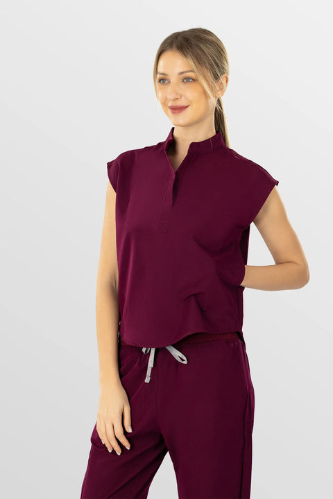 Eipnare Women's Sleeveless Mandarin Collar Scrub Top - Burgundy Red