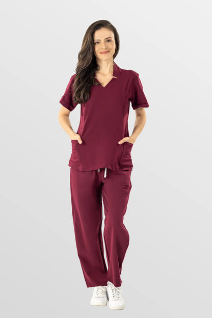 Burgundy Red Eipnare Women's V-Neck Split 9-Pocket Slim Fit Scrub Set - Stretch Medical Scrubs for Women