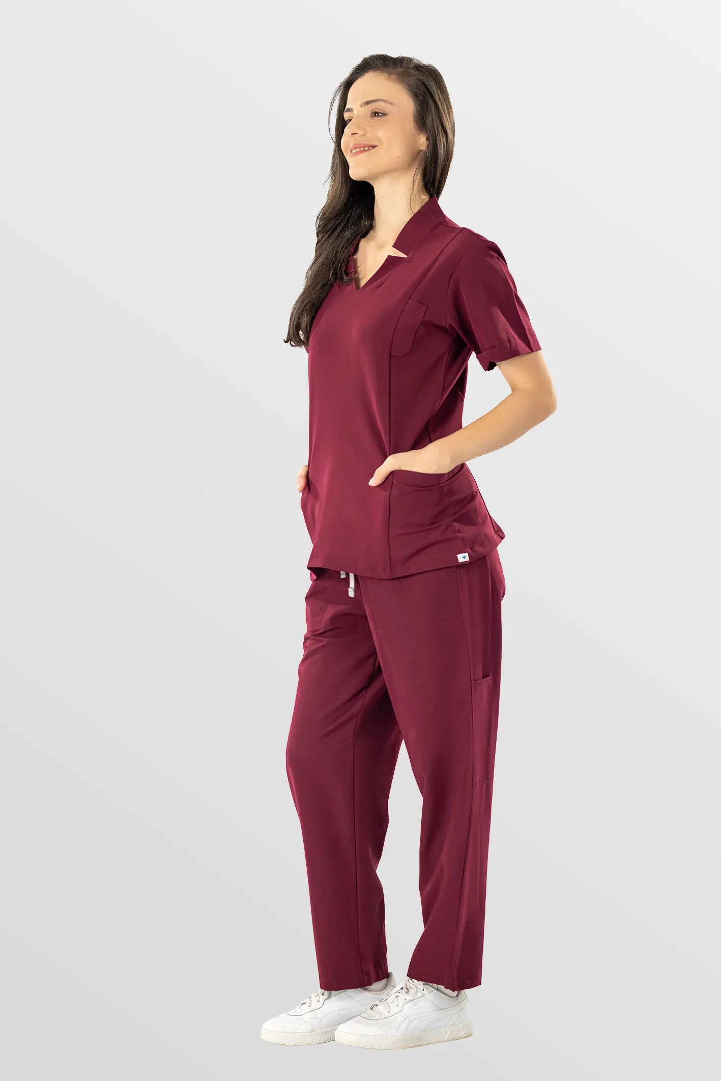 Burgundy Red Eipnare Women's V-Neck Split 9-Pocket Slim Fit Scrub Set - Stretch Medical Scrubs for Women