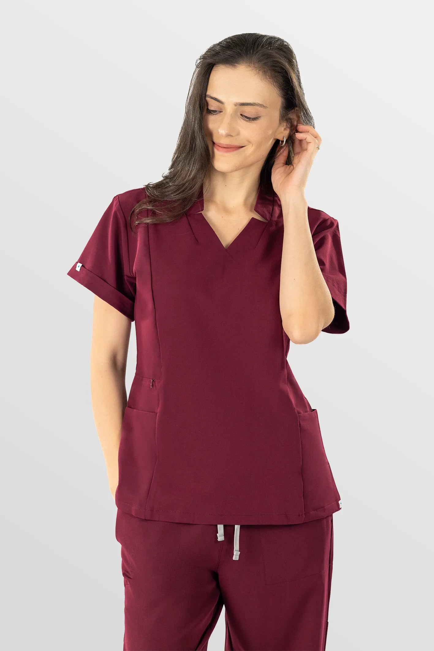 Burgundy Red Eipnare Women's V-Neck Split 9-Pocket Slim Fit Scrub Set - Stretch Medical Scrubs for Women