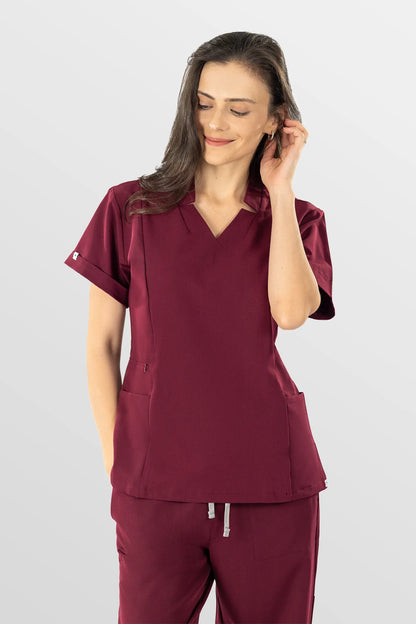 Burgundy Red Eipnare Women's V-Neck Split 9-Pocket Slim Fit Scrub Set - Stretch Medical Scrubs for Women
