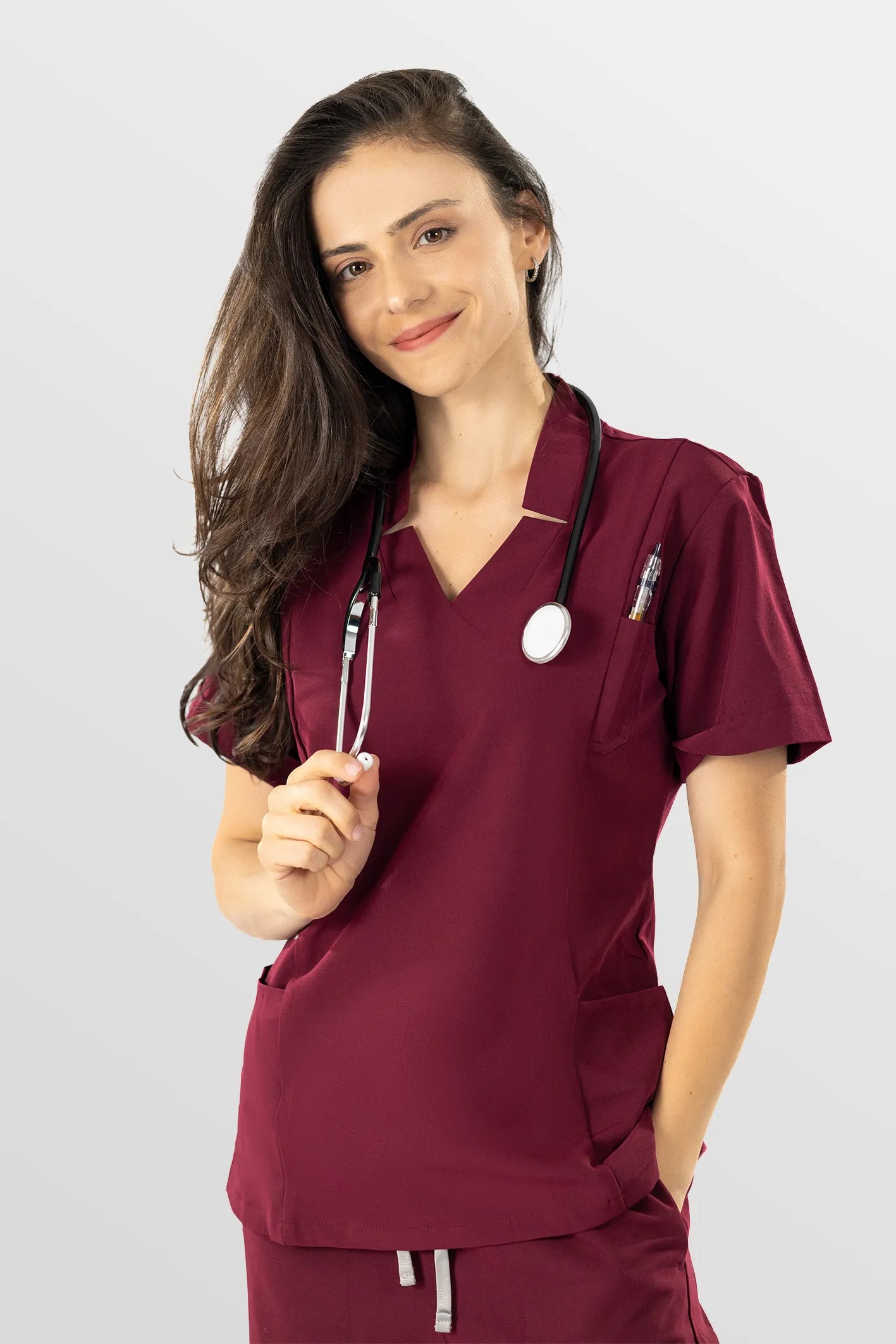 Burgundy Red Eipnare Women's V-Neck Split 9-Pocket Slim Fit Scrub Set - Stretch Medical Scrubs for Women