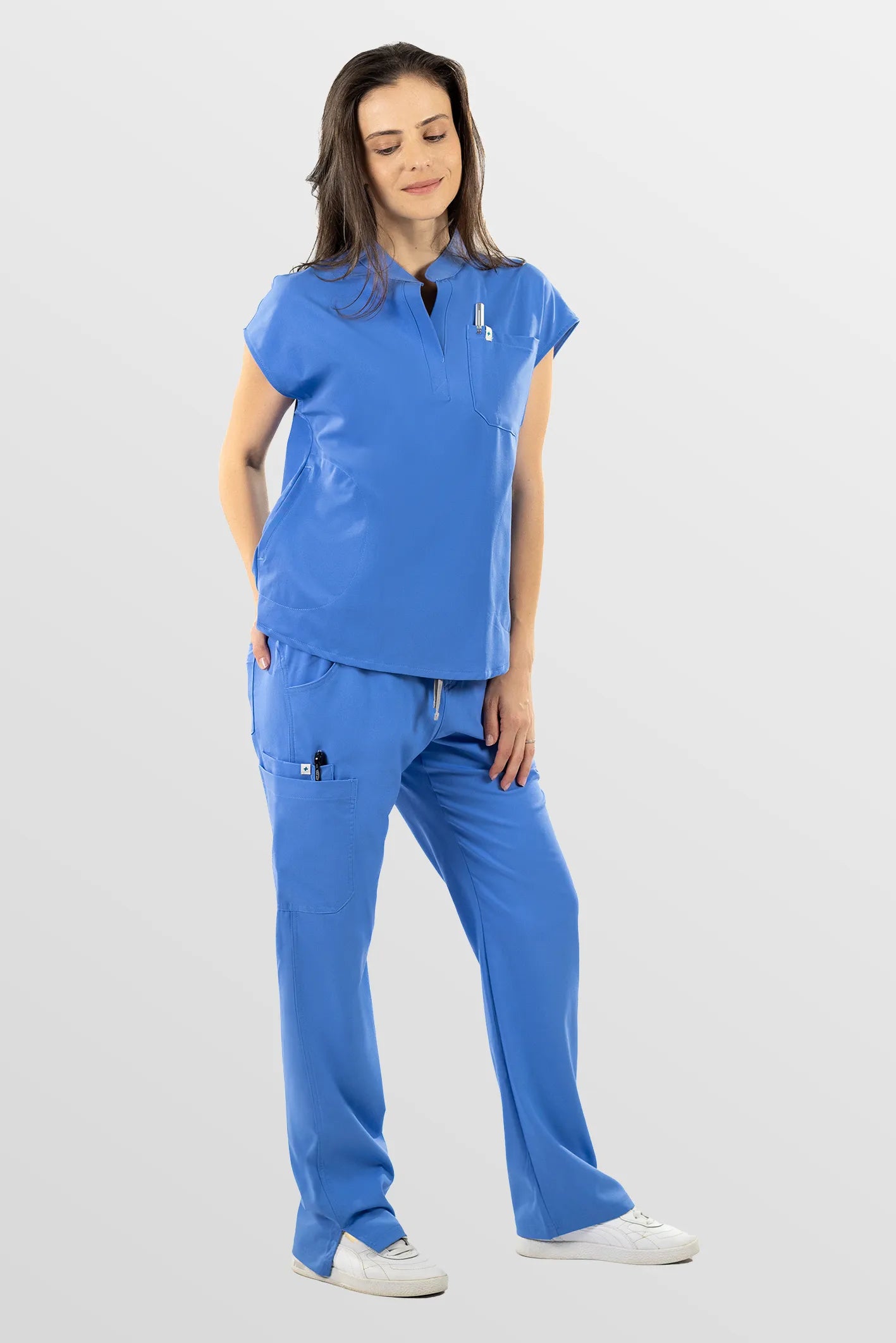 Ceil Blue Eipnare Women's Mandarin Collar Sleeveless Straight-Leg Scrub Set - Stretch Medical Scrubs for Women