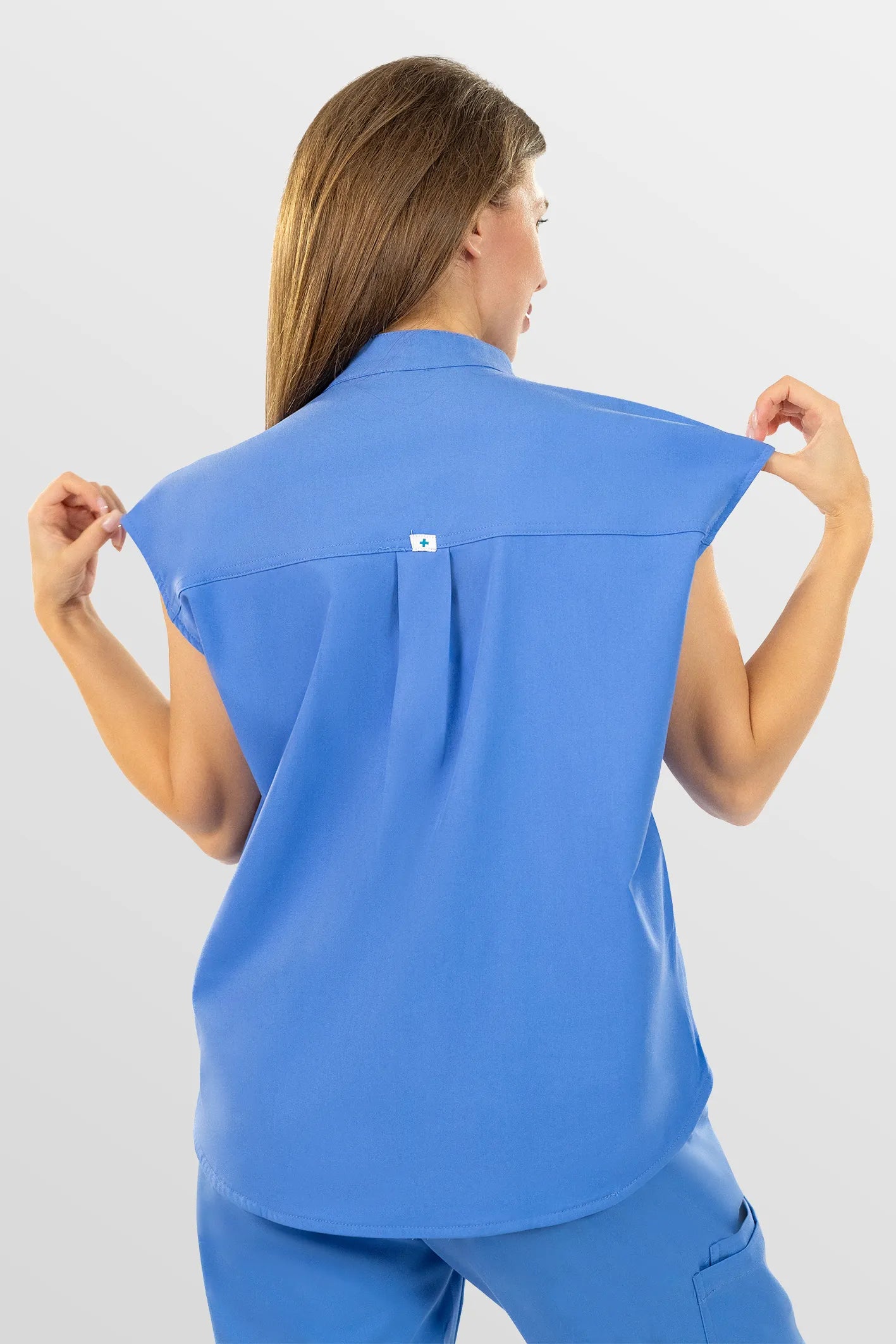 Ceil Blue Eipnare Women's Henley Collar Sleeveless Jogger Scrub Set - Stretch Medical Scrubs for Women