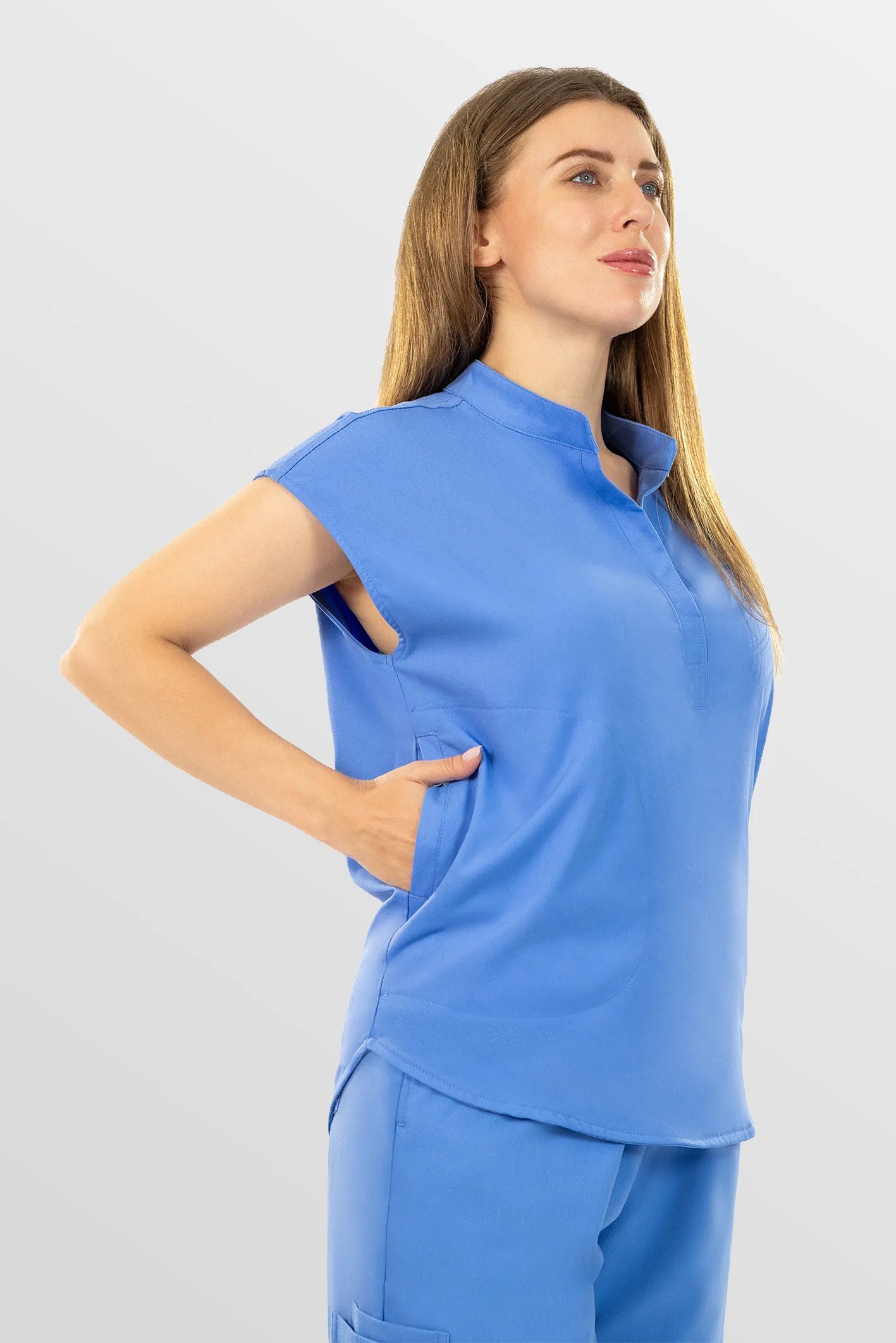 Ceil Blue Eipnare Women's Henley Collar Sleeveless Jogger Scrub Set - Stretch Medical Scrubs for Women