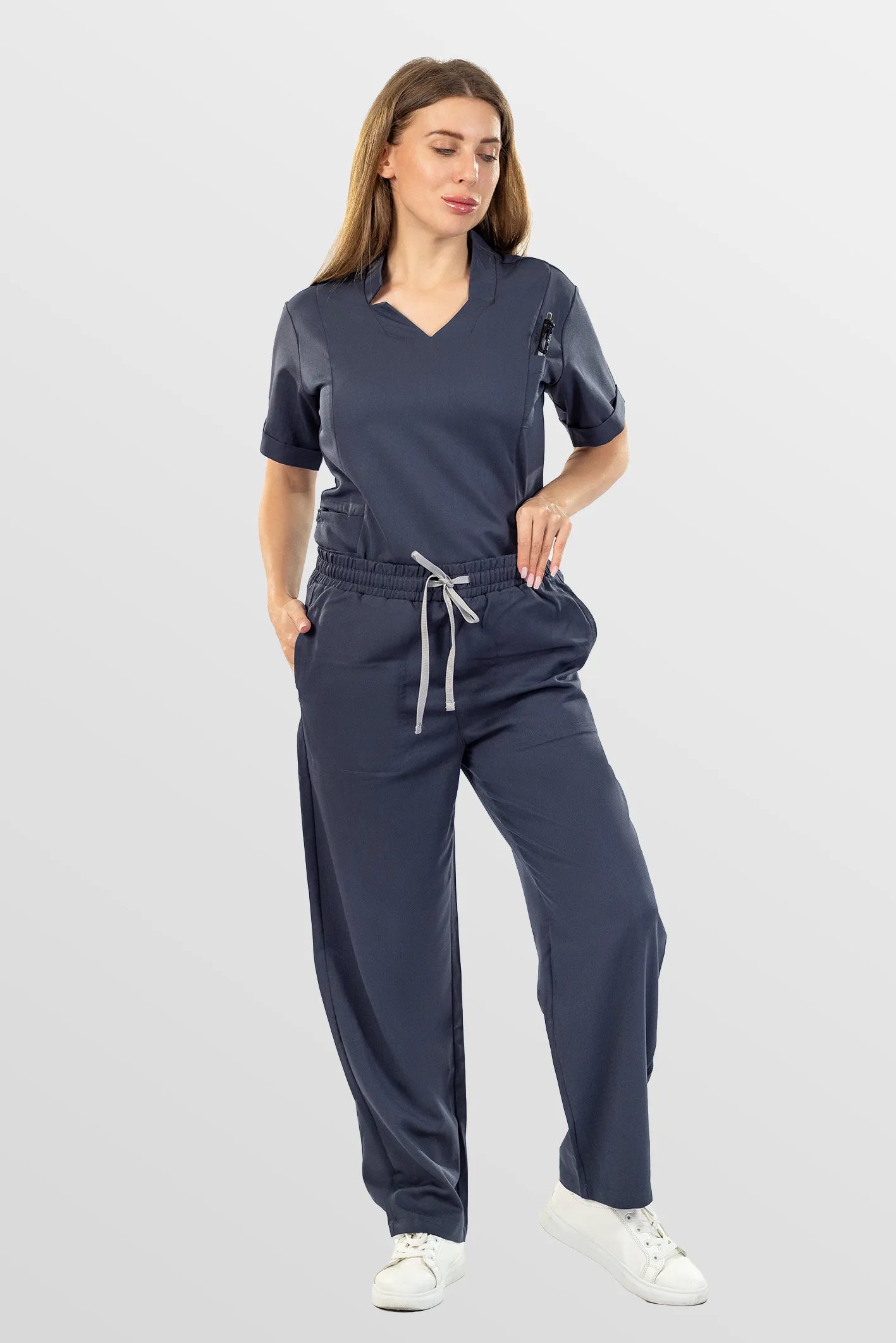 Charcoal Grey Eipnare Women's V-Neck Split 9-Pocket Slim Fit Scrub Set - Stretch Medical Scrubs for Women