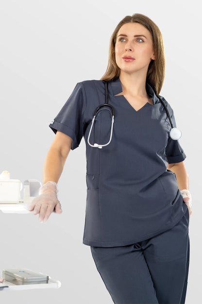 Charcoal Grey Eipnare Women's V-Neck Split 9-Pocket Slim Fit Scrub Set - Stretch Medical Scrubs for Women