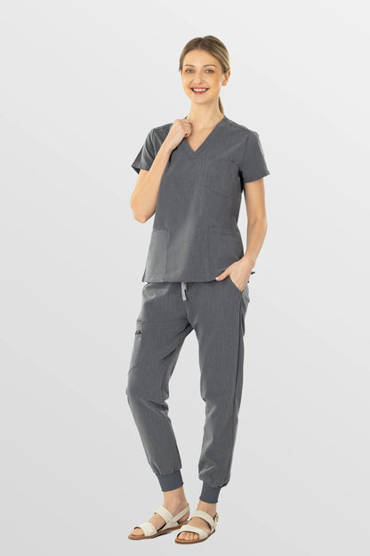 Charcoal Grey Eipnare Women's V-Neck 8-Pocket Jogger Scrub Set - Stretch Medical Scrubs for Women