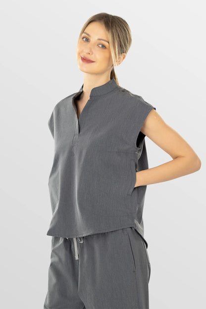 Charcoal Grey Eipnare Women's Soft Stretch V-Neck Scrub Top & Tapered Pants Set - Stretch Medical Scrubs for Women