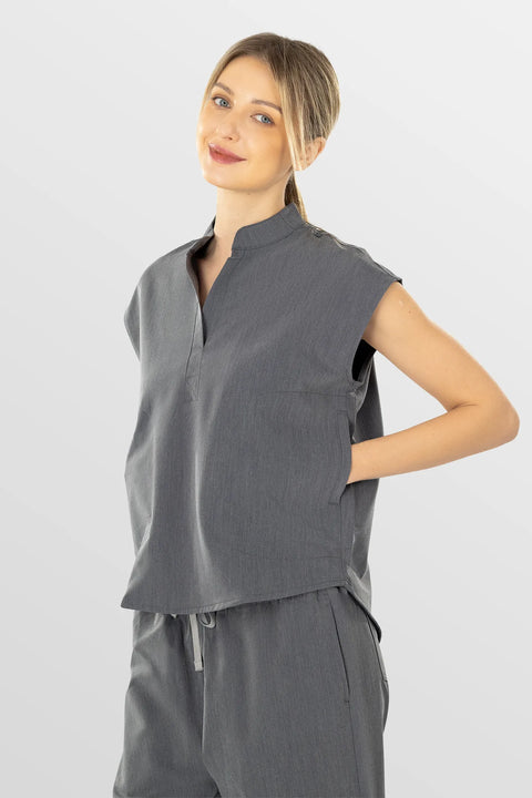 Eipnare Women's Sleeveless Mandarin Collar Scrub Top - Charcoal Grey