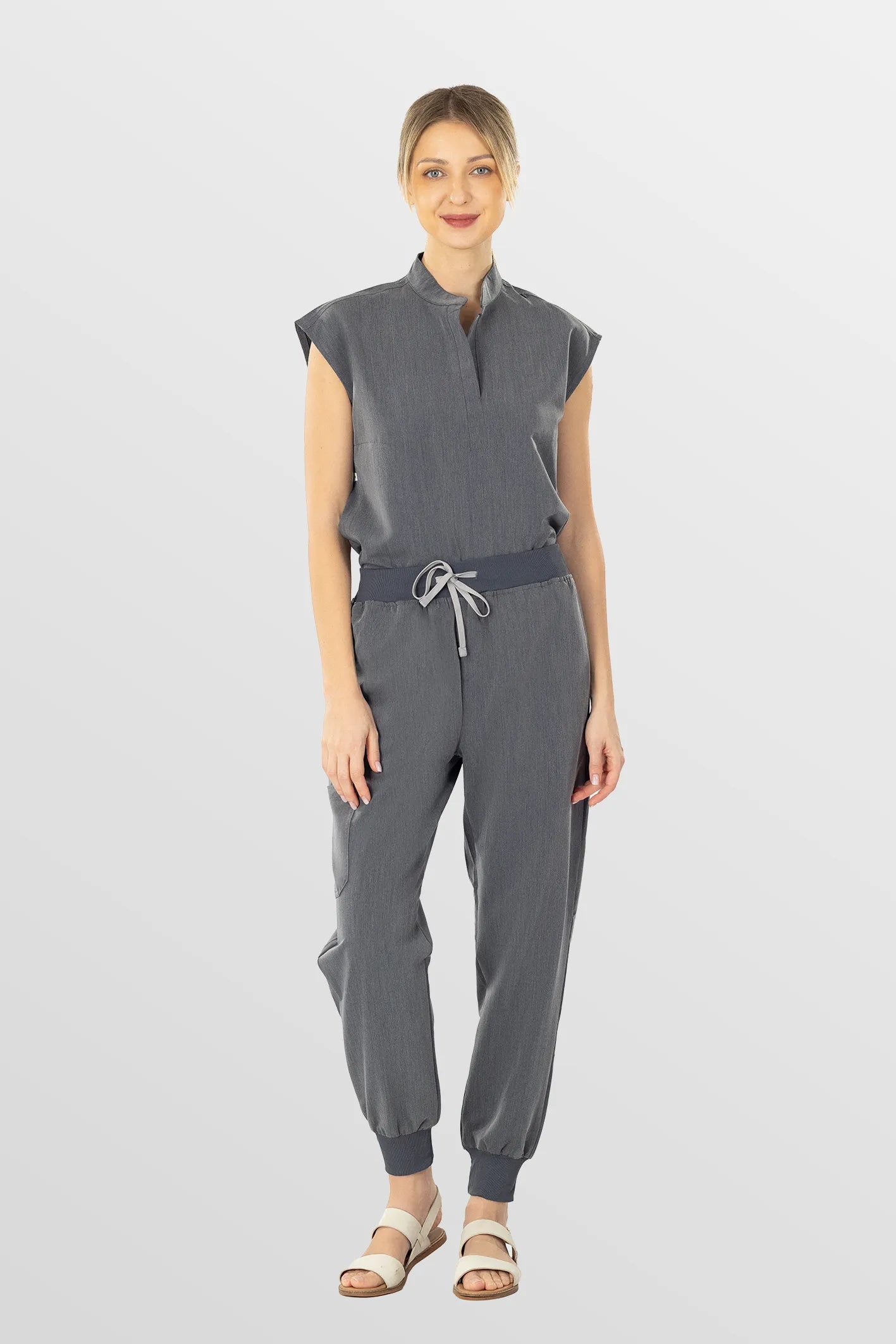 Charcoal Grey Eipnare Women's Soft Stretch V-Neck Scrub Top & Tapered Pants Set - Stretch Medical Scrubs for Women