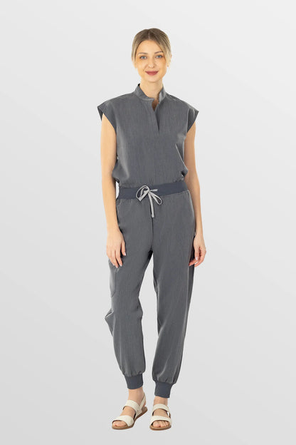 Charcoal Grey Eipnare Women's Soft Stretch V-Neck Scrub Top & Tapered Pants Set - Stretch Medical Scrubs for Women