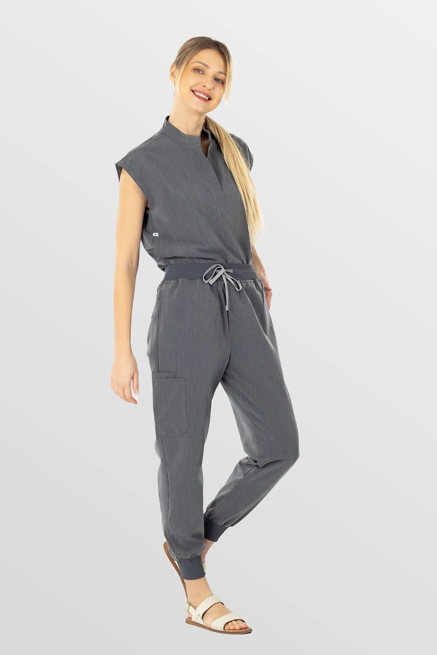 Charcoal Grey Eipnare Women's Soft Stretch V-Neck Scrub Top & Tapered Pants Set - Stretch Medical Scrubs for Women