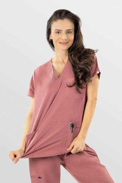 Flesh Pink Eipnare Women's V-Neck 8-Pocket Jogger Scrub Set - Stretch Medical Scrubs for Women