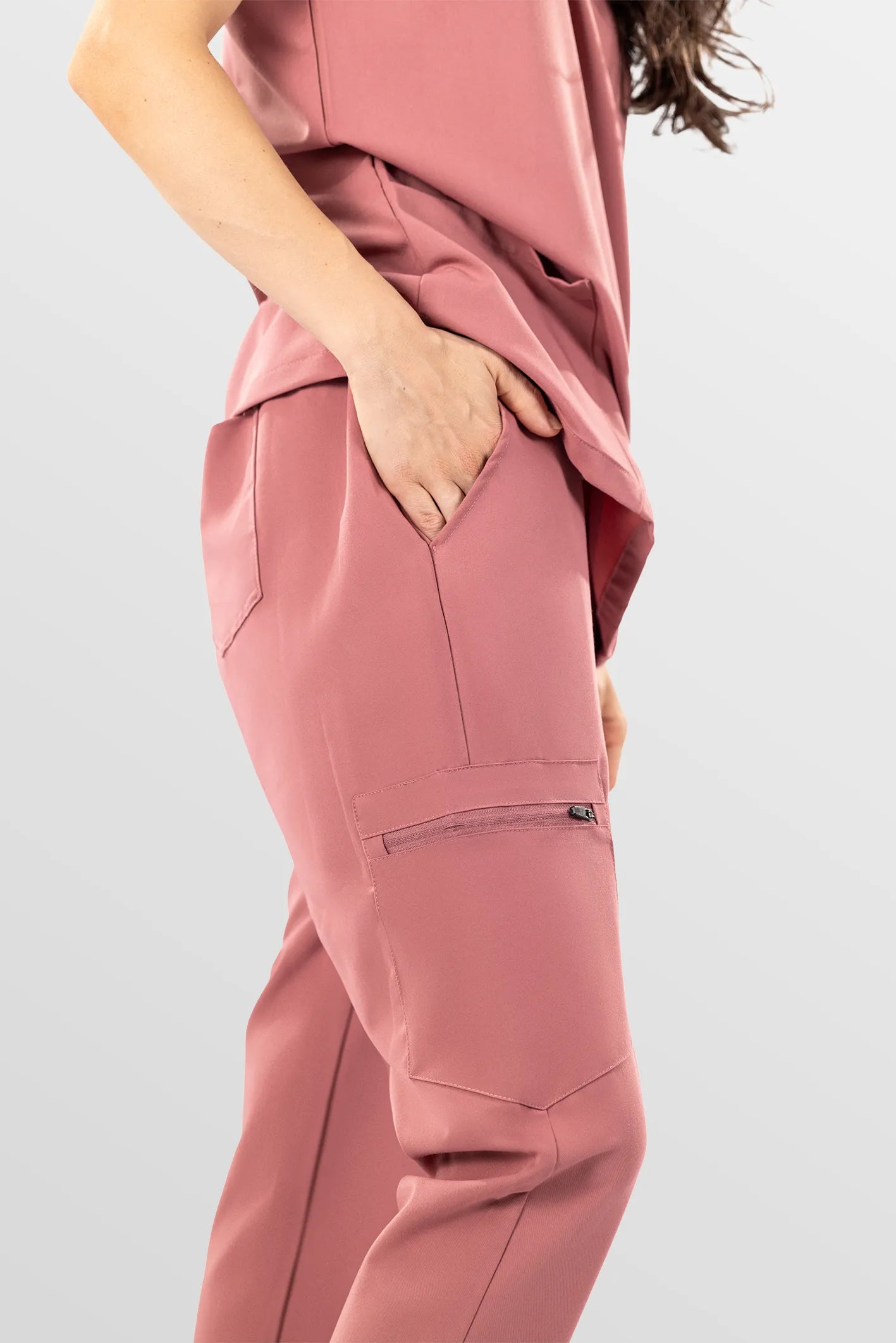 Flesh Pink Eipnare Women's V-Neck 8-Pocket Jogger Scrub Set - Stretch Medical Scrubs for Women