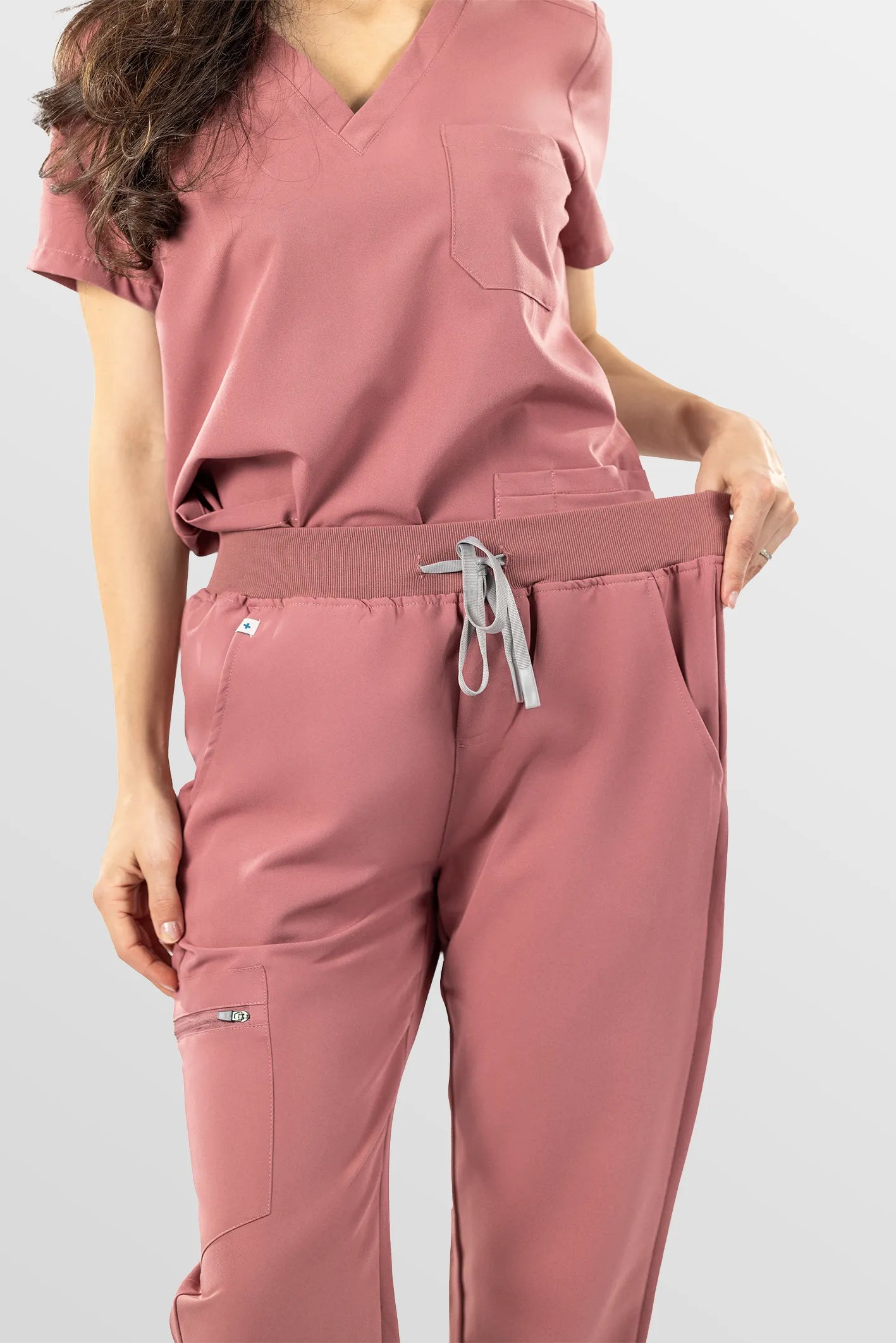 Flesh Pink Eipnare Women's V-Neck 8-Pocket Jogger Scrub Set - Stretch Medical Scrubs for Women