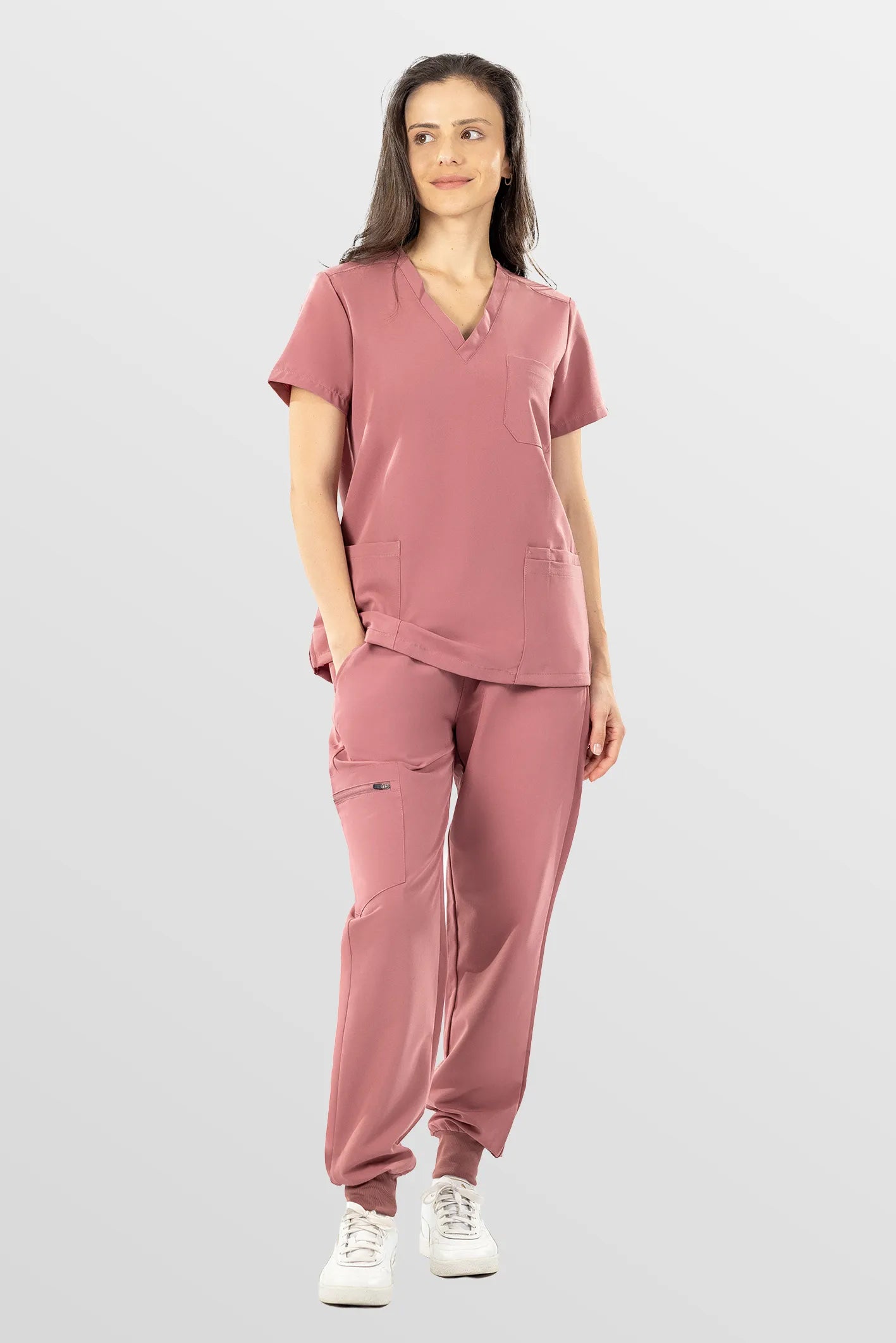 Flesh Pink Eipnare Women's V-Neck 8-Pocket Jogger Scrub Set - Stretch Medical Scrubs for Women
